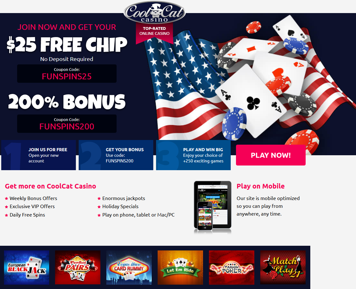 CoolCat Casino -$100 Free Chip and 300% Bonus